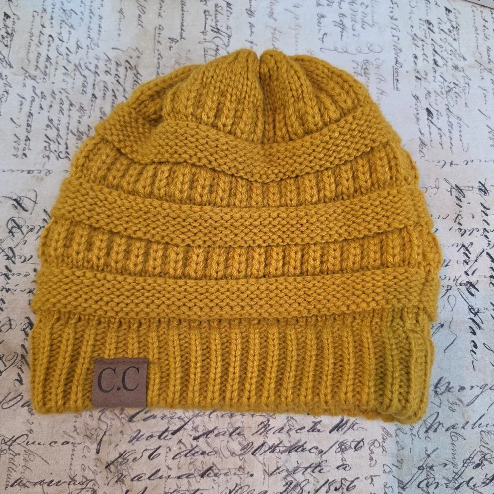 C.C. Brand Beanie Hat Women's One Size Mustard Yellow Cable Knit